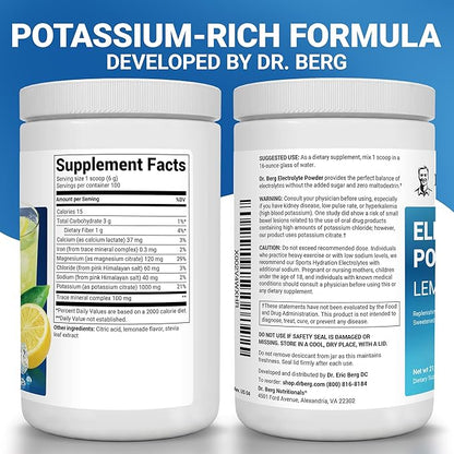 Dr. Berg Zero Sugar Hydration Keto Electrolyte Powder - Enhanced w/ 1000 mg of Potassium & Real Pink Himalayan Salt (NOT Table Salt) - Lemonade Flavor Hydration Drink Mix Supplement - 100 Servings
