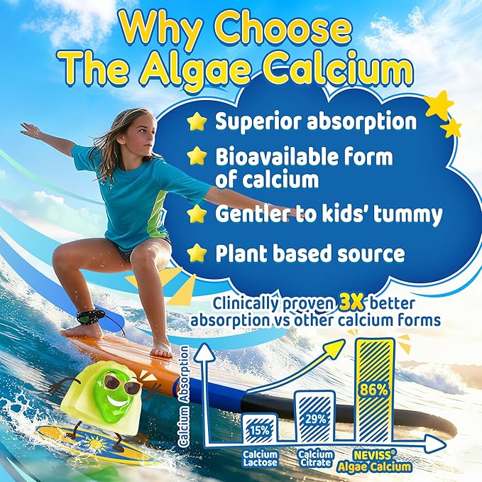 Kids Calcium Gummies + Vitamin D3 (1000IU/2000IU), K2, Magnesium, Phosphorus, Probiotic, Algae Calcium Supplement for Kids 4+ & Teens for Bones & Teeth, Extra Calcium Absorption, Sugar Free, 60 Counts