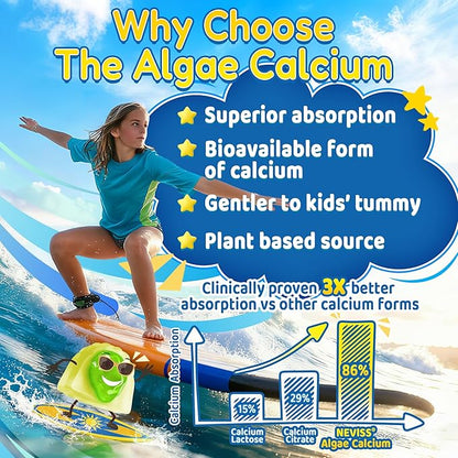 Kids Calcium Gummies + Vitamin D3 (1000IU/2000IU), K2, Magnesium, Phosphorus, Probiotic, Algae Calcium Supplement for Kids 4+ & Teens for Bones & Teeth, Extra Calcium Absorption, Sugar Free, 60 Counts