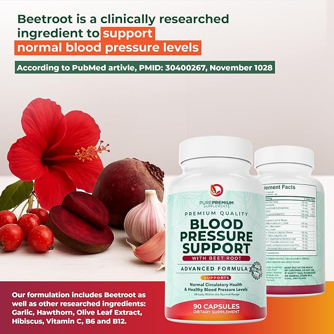 PurePremium Beet Root Capsules for Blood Pressure Support – 14-in-1 Formula with Beetroot Powder, Hawthorn, Hibiscus & Garlic for Normal Nitric Oxide Production & Heart Health – Non-GMO - 90ct