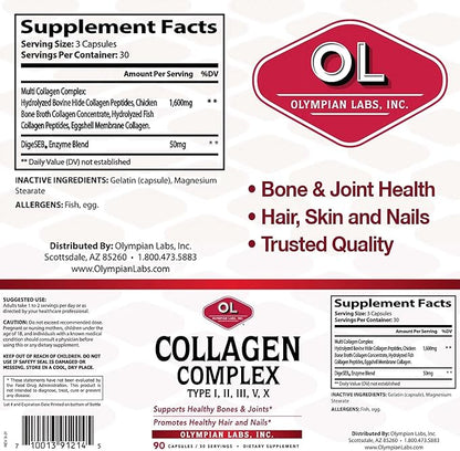 Olympian Labs Multi Collagen Complex Type I, II, III, V, X, Hair, Nails, Joint, Gut Health, 90 Caps, 30-Day Supply