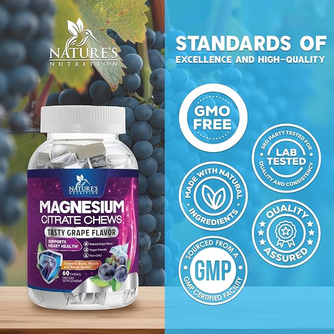 Magnesium Citrate Chews Supplement - High Absorption Magnesium Gummies Supplement - Vegan Mag Citrate Soft Chews Gummy for Adults - Relaxation & Calm Support - Delicious Grape Flavor - 60 Gummies