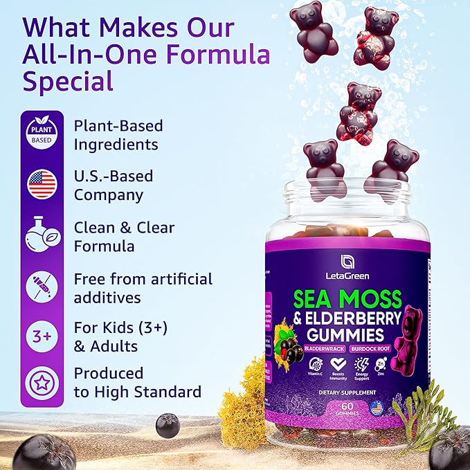 Irish Sea Moss Gummies – Bladderwrack Burdock Root Elderberry Vitamin C & Zinc – 60 Vegan Seamoss Gummy Bears for Adults Kids Men Women – Multimineral Elderberry Vitamins