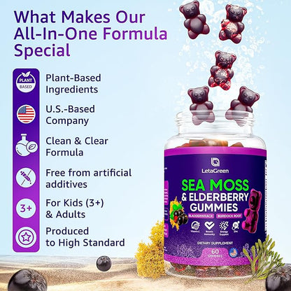 Irish Sea Moss Gummies – Bladderwrack Burdock Root Elderberry Vitamin C & Zinc – 60 Vegan Seamoss Gummy Bears for Adults Kids Men Women – Multimineral Elderberry Vitamins