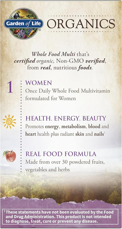 Garden of Life Organics Multivitamin for Women - Women's Once Daily Multi - Whole Food Multi with Iron, Biotin, Vegan Organic Womens Multivitamin for Health, Energy Hair Skin and Nails, 30 Tablets
