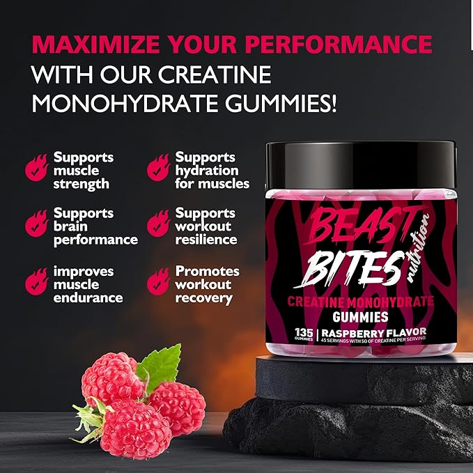 Creatine Monohydrate Gummies for Men & Women - 5g of Creatine Monohydrate per Serving - Sugar Free,Vegan, Raspberry Flavor, 135 Count (45 Servings).