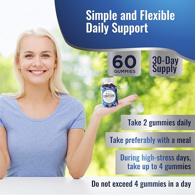 Cortisol Gummies for Women Men - 13-in-1 High Cortisol Reducer with Ashwagandha Magnesium L-theanine Rhodiola Rosea - Daily Cortisol Detox Manager for Stress Focus Support - Vegan Sugar Free