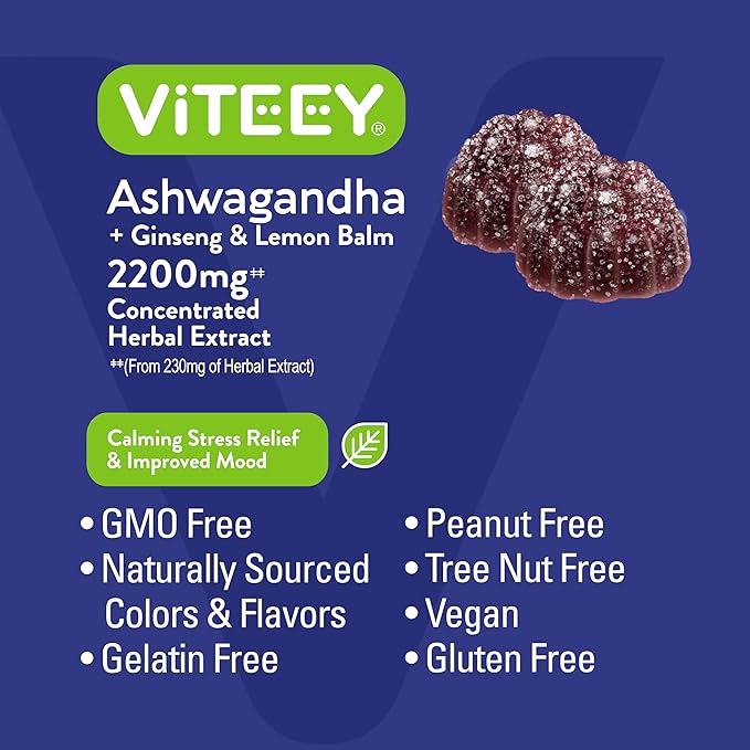 Viteey Ashwagandha Gummies with Ginseng & Lemon Balm - Mood, Calm & Stress Support Ashwagandha Supplements - Vegan, Gluten-Free - 60 Count