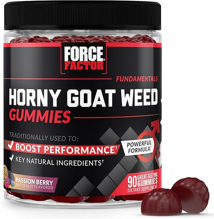 Force Factor Horny Goat Weed Gummies for Men, Natural Male Drive & Vitality Supplement with Ingredients for Superior Absorption, Delicious Passion Berry Flavor, Black, 90 Count