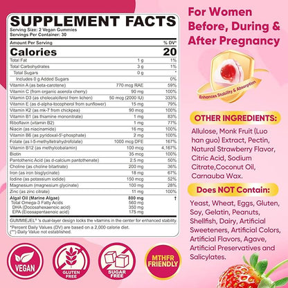 Prenatal Vitamins for Women Gummies, Methylfolate 1mg, Vegan Omega 3 DHA 800mg, Iron, Choline, Iodine, Vitamin D3 B6 B12 - Multivitamin for Women Before, During & After Pregnancy, Sugar Free, 60 Count