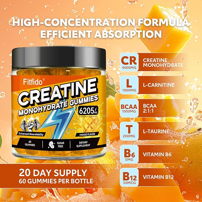 Creatine Monohydrate Gummies for Men & Women - 6205mg per Serving, Containing L-carnitine & Taurine, Post Workout Muscle Recovery, Strength & Energy Boost, Sugar Free & Vegan (60, Mango)
