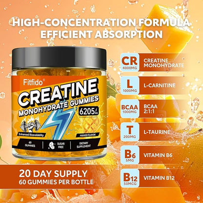 Creatine Monohydrate Gummies for Men & Women - 6205mg per Serving, Containing L-carnitine & Taurine, Post Workout Muscle Recovery, Strength & Energy Boost, Sugar Free & Vegan (60, Mango)