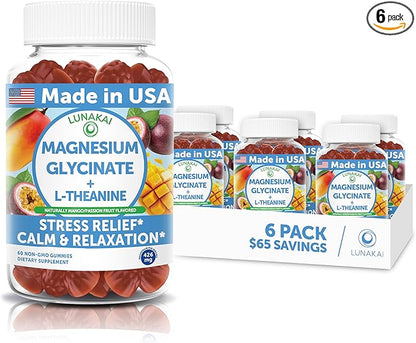 Lunakai USA Made Magnesium Glycinate Gummies with L-Theanine for Kids & Adults – 420mg Magnesium Supplement for Calm, Sleep & Stress Support - 6 Pack