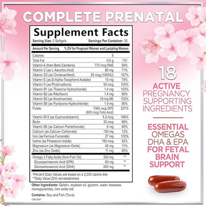 Prenatal Vitamins for Women - Prenatal Multivitamin with Folic Acid & Omega 3 DHA Fetal Development Support - Pregnancy Vitamin Supplement with, Vitamin A, C, D, B6, B12 & Iron - 60 Softgels