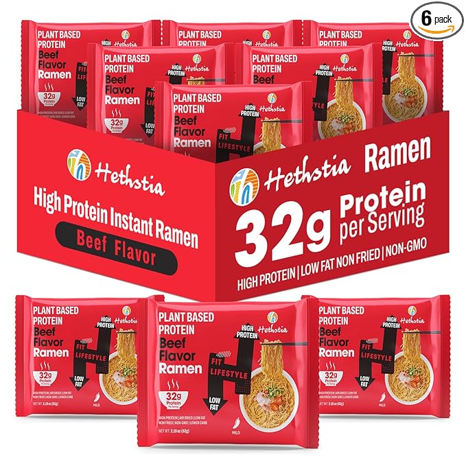 Hethstia Protein Ramen Spicy Beef Flavor, 6-Pack Instant Noodle Soup, 32g Plant-Based Protein, Vegan, Non-GMO, Low Fat, Healthy High Protein Ramen Meal