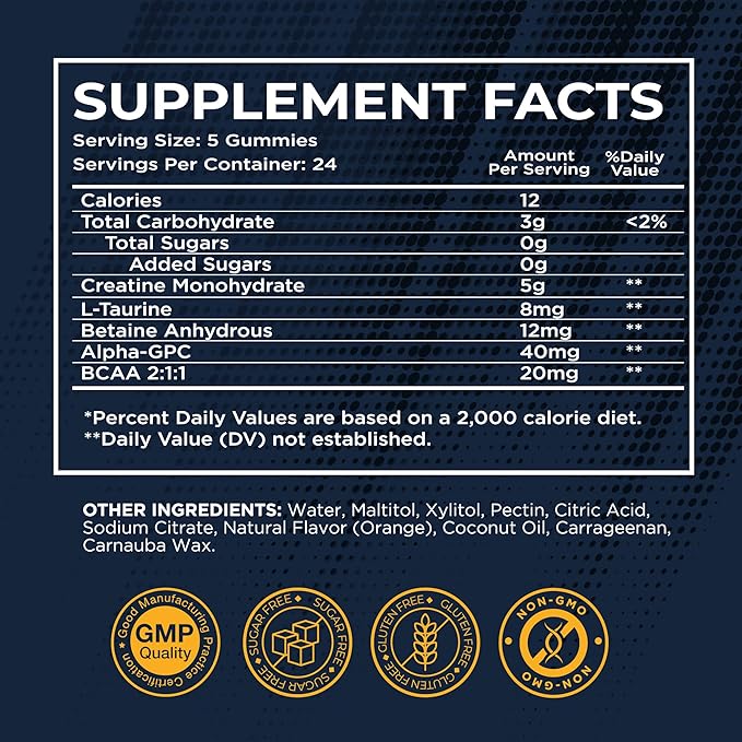 musebeam Creatine Monohydrate 5000mg Supplement Gummies - with L-Taurine Betaine Anhydrous Alpha-GPC BCAA 2:1:1 - Sugar-Free Gluten Free for Men Women
