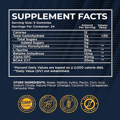 musebeam Creatine Monohydrate 5000mg Supplement Gummies - with L-Taurine Betaine Anhydrous Alpha-GPC BCAA 2:1:1 - Sugar-Free Gluten Free for Men Women