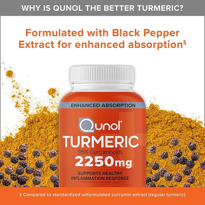 Qunol Turmeric Curcumin 2250mg, Black Pepper Extract for Enhanced Absorption, Supports Healthy Inflammation Response and Joint Health, Dietary Supplement, Vegetarian Formula, 90 Capsules