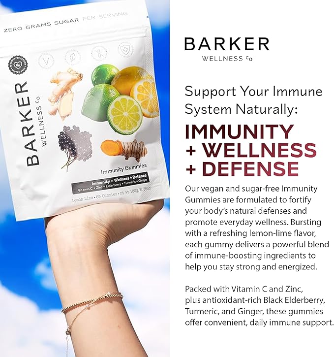 Barker Wellness Immunity Gummies with Vitamin C, Zinc, Elderberry, Turmeric & Ginger for Daily Immune Support | Vegan, Sugar-Free, Lemon-Lime Flavor | Seasonal Wellness Essentials, 60 Count