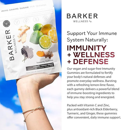Barker Wellness Immunity Gummies with Vitamin C, Zinc, Elderberry, Turmeric & Ginger for Daily Immune Support | Vegan, Sugar-Free, Lemon-Lime Flavor | Seasonal Wellness Essentials, 60 Count
