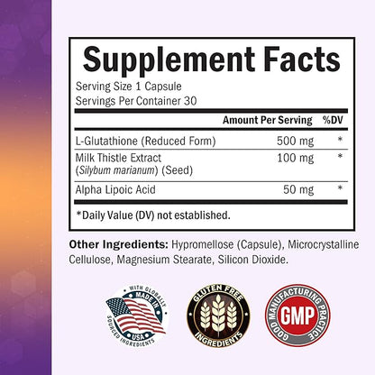 BioSchwartz Reduced Glutathione Supplement 500mg with Alpha Lipoic Acid 50mg & Milk Thistle 100mg - Glutathione Reduced Form - Gluten-Free, Third Party Quality Tested - 30 Capsules, 30 Day Supply