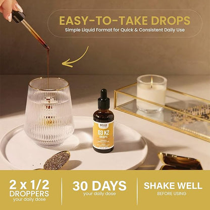 Bella All Natural Vitamin D3 K2 Liquid Drops 5000 IU (Unflavored) - Omega 3 with MCT Oil - Liquid Vitamin D Drops for Adults - This D3 K2 Drops Help Support Heart, Bone & Immune Health