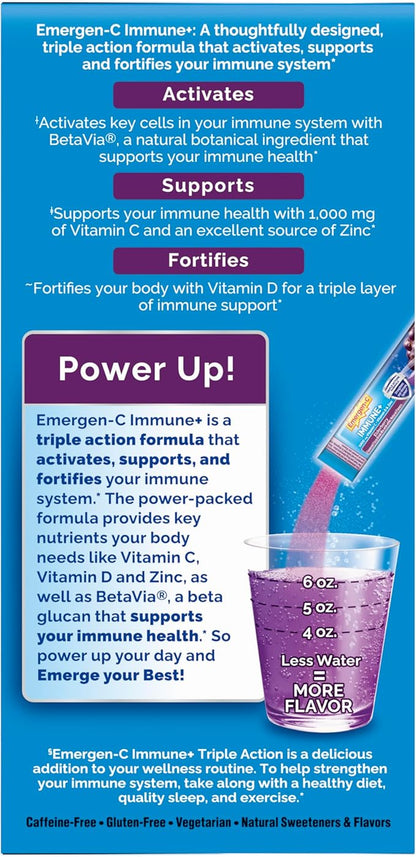 Emergen-C Immune+ Triple Action Immune Support Powder, BetaVia (R), 1000mg Vitamin C, B Vitamins, Vitamin D and Antioxidants, Elderberry – 18 Count