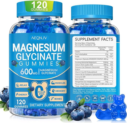 Magnesium Glycinate Gummies 600mg, Chewable Sugar Free Potassium Magnesium Gummies with Manganese Glycinate, Vitamin D, B6, and CoQ10 for Calm Support & Sleep for Adults, 60 Days Supply