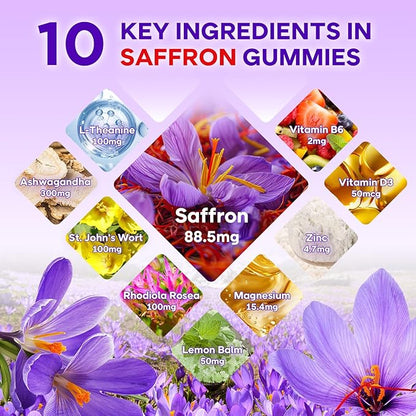 MEENCCD Saffron Gummies for Kids & Adults - Saffron Supplements with Magnesium, L-Theanine, Rhodiola, Sugar-Free, Raspberry Flavor, 60 Count