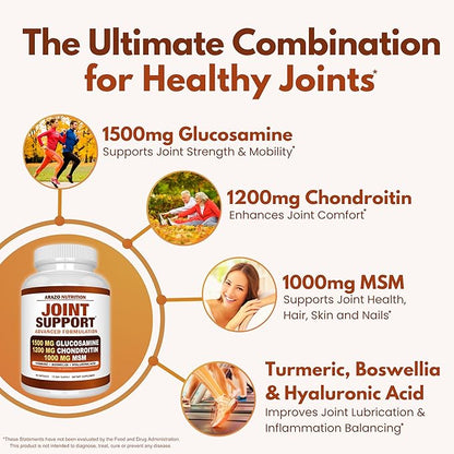 Arazo Nutrition Glucosamine Chondroitin Turmeric Msm Boswellia - Joint Support Supplement for Relief 60 Capsules for Bones, Back, Knees, Hands (60 Capsules)