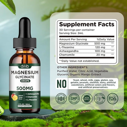 Magnesium Glycinate Supplement, Magnesium Liquid Drops with Magnesium Glycinate 500mg Ashwagandha, L - Theanine, Chamomile -Support Stress Relief, Bone, Muscle, Mood Vegan Natural Mango Flavor