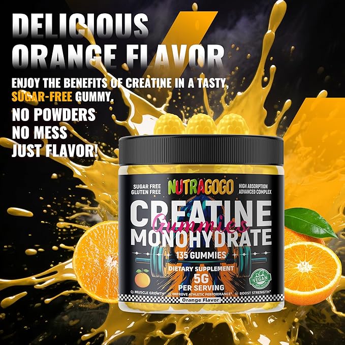 NSF Certified Creatine Gummy - Creatine Monohydrate Gummies for Men & Women-5g of Creatine Monohydrate per Serving - Sugar Free,Vegan, Organe Electrolyte Chews, 135 Count