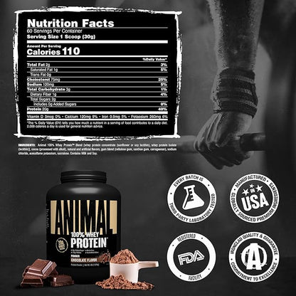 Animal 100% Whey Protein Powder – Whey Blend for Pre Workout or Post Workout, Recovery, or an Anytime Low Sugar Protein Boost Meal Replacement with BCAA Branched Chain Amino Acids – Chocolate, 4 lb