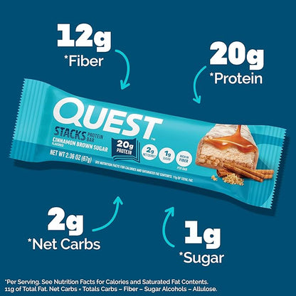 Quest Nutrition Stacks Protein Bars, Cinnamon Brown Sugar, 20g Protein, 2g Net Carbs, 1g Sugar, High Fiber, Low Sugar, Gluten Free, 12 Count