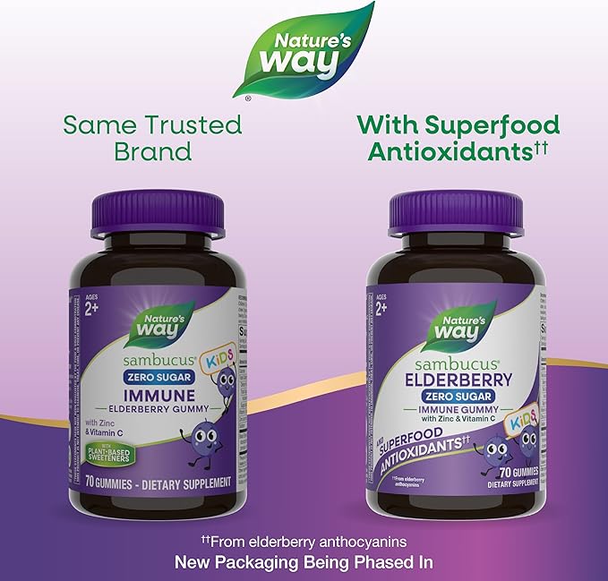 Nature's Way Sambucus Zero Sugar Elderberry Immune Gummies for Kids, Immune Support*, with Vitamin C, Zinc, Black Elderberry Extract, 70 Count (Packaging May Vary)
