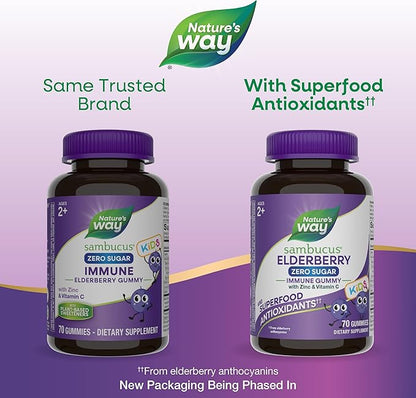 Nature's Way Sambucus Zero Sugar Elderberry Immune Gummies for Kids, Immune Support*, with Vitamin C, Zinc, Black Elderberry Extract, 70 Count (Packaging May Vary)