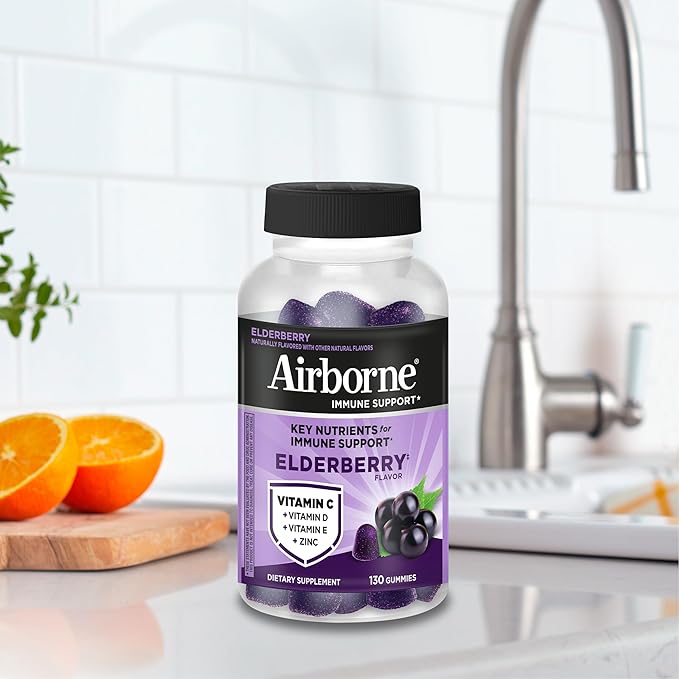 Airborne Elderberry + Zinc & Vitamin C Gummies for Adults,Immune Support with Antioxidants Vitamins C,D & E,Elderberry Flavor,130 Count (Pack of 2)