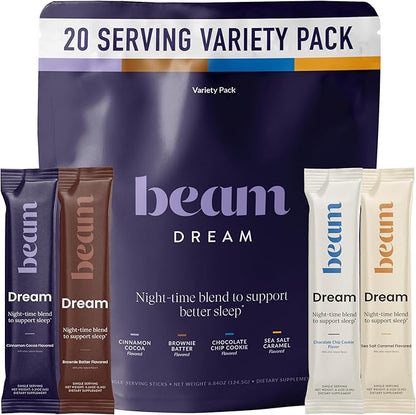 Beam Dream Sleep Powder – Sleep Aid for Adults with Melatonin, Magnesium, L-Theanine, Reishi Mushroom & Apigenin Sleep Supplement, Sleepy Cocoa Bedtime Drink Mix, Variety Pack, 20 Servings