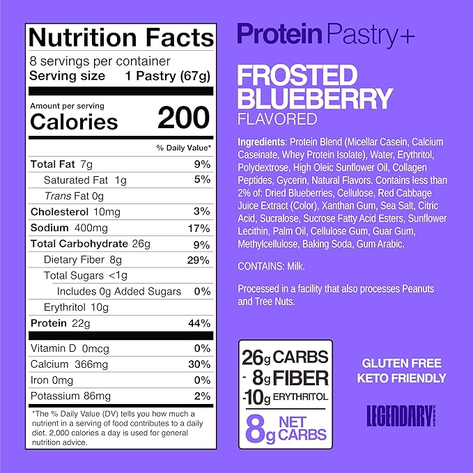 Legendary Foods 22g Protein Pastry 0g Added Sugar, Low Carb, Gluten Conscious, Keto Snack, Ideal for Glucose Management, Includes Whey Protein Isolate, 8 Pack Frosted Blueberry