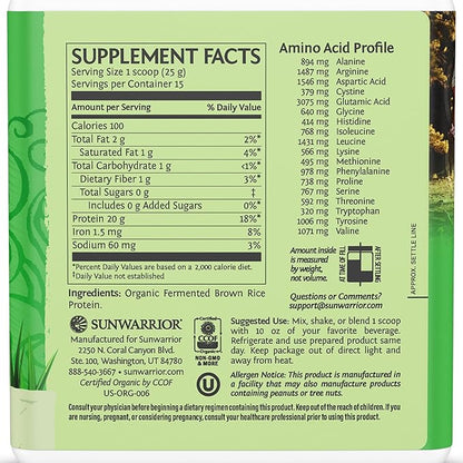 Sunwarrior Brown Rice Protein Powder with Bcaa & Amino Acids Raw Rice Protein Shake Gluten Free Low Carb Dairy Free | Plant Based Classic Sprouted Brown Rice Protein Powder Natural 375g