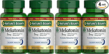 Nature's Bounty Melatonin 5mg, 100% Drug Free Sleep Aid, Dietary Supplement for Relaxation and Sleep Health - 4 Month Supply, 60 Rapid Release Softgels Twin Pack (120ct) (Pack of 2)