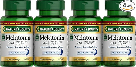 Nature's Bounty Melatonin 5mg, 100% Drug Free Sleep Aid, Dietary Supplement for Relaxation and Sleep Health - 4 Month Supply, 60 Rapid Release Softgels Twin Pack (120ct) (Pack of 2)