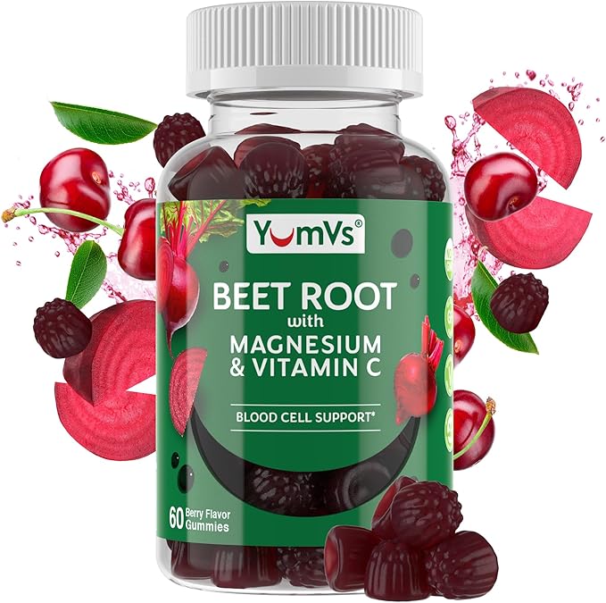YumVs Beet Root Gummies with Magnesium & Vitamin C – Berry Flavor Beetroot Gummies – Nitric Oxide Support for Heart Health & Antioxidant Wellness – Vegan, Non-GMO – 60 Gummies