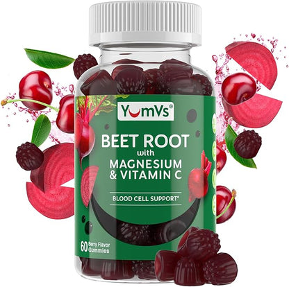 YumVs Beet Root Gummies with Magnesium & Vitamin C – Berry Flavor Beetroot Gummies – Nitric Oxide Support for Heart Health & Antioxidant Wellness – Vegan, Non-GMO – 60 Gummies