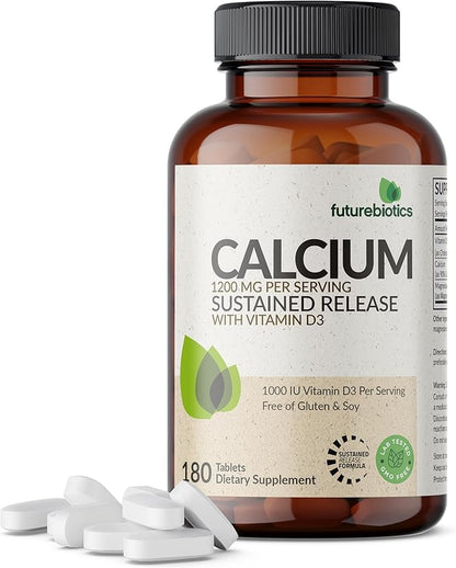 Futurebiotics Calcium 1200 MG Per Serving Sustained Release with Vitamin D3 1000 IU Per Serving Non-GMO, 180 Vegetarian Tablets