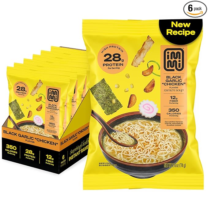 immi Black Garlic “Chicken” Ramen – Bold Flavor, Chewier Noodles & High Protein – Vegan, Keto-Friendly Ramen Noodles – Low Carb, Zero Sugar – Healthy Plant-Based Ramen Bowl, 6-Pack