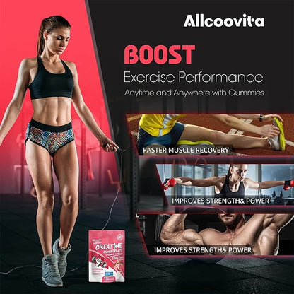 Allcoovita Creatine Monohydrate Gummies 5g for Men & Women. Boost Focus,Strength, and Endurance, Anti-Melting Formula, Vegan, Gluten-Free, Non-GMO,(Peach 120 ct)
