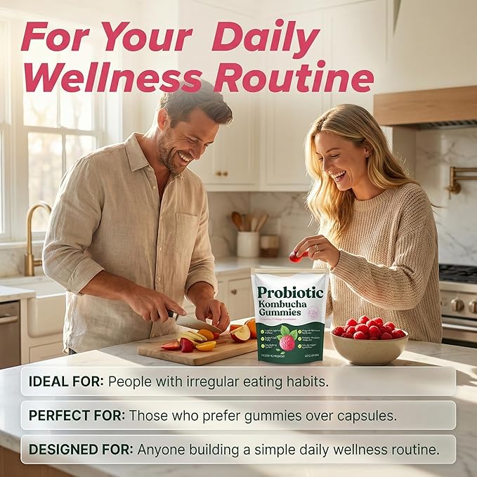 Probiotic Kombucha Gummies with Prebiotics, Probiotics & Postbiotics – Digestive & Gut Health Support – Daily Balance, Bloating Comfort & Microbiome Support – Vegan, Non-GMO, 60 Gummies