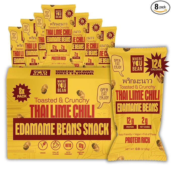 Where You Bean Edamame Beans Snack (Thai Lime Chili) - Crunchy and Dry Roasted Edamame Beans - High Protein Snacks, Keto and Vegan Healthy Snacks for Adults & Low Carb Asian Snack 0.9 oz (Pack of 8)