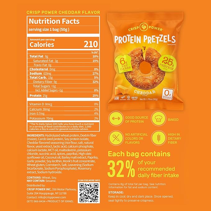 CRISP POWER Protein Pretzels, NEW Cheddar, 25G Protein, High Protein Snack, High Fiber, Low Carb Crunchy Pretzel Snacks, No Added Sugar, 1.75 oz Bags, 24 Pack, Vegan, Keto